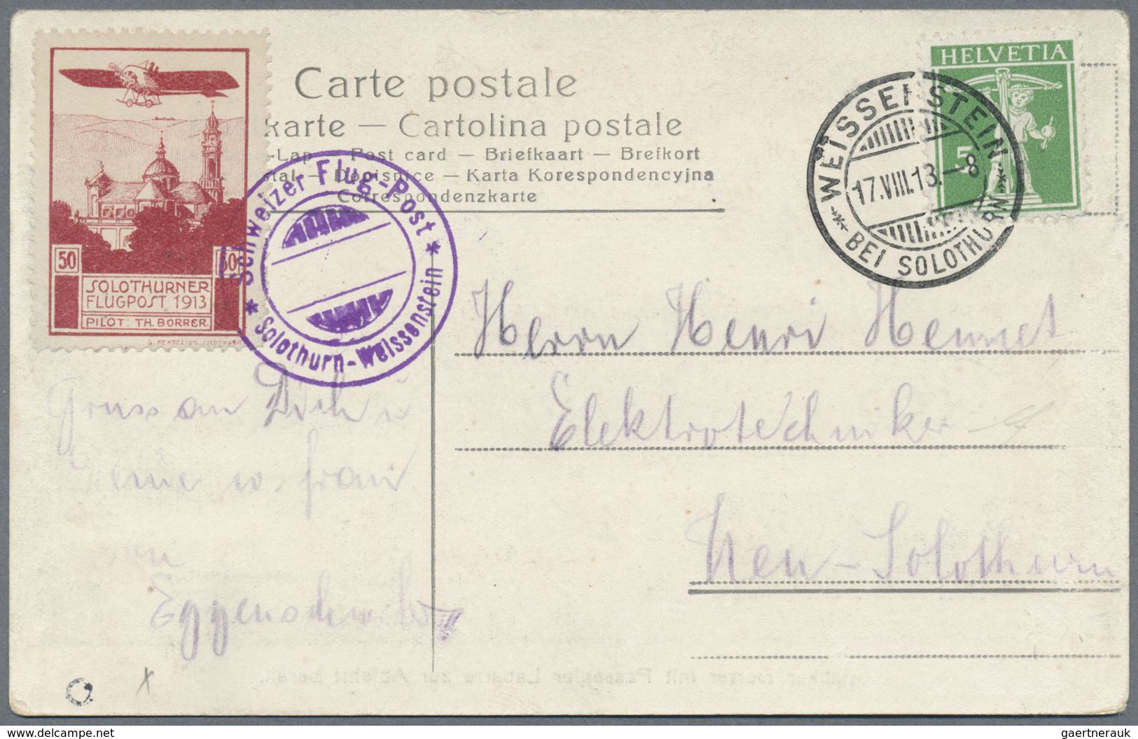 Br Schweiz - Halbamtliche Flugmarken: 1913: 50 C Solothurn-Weissenstein Auf Postkarte Mit 5 Rp, Leicht - Oblitérés