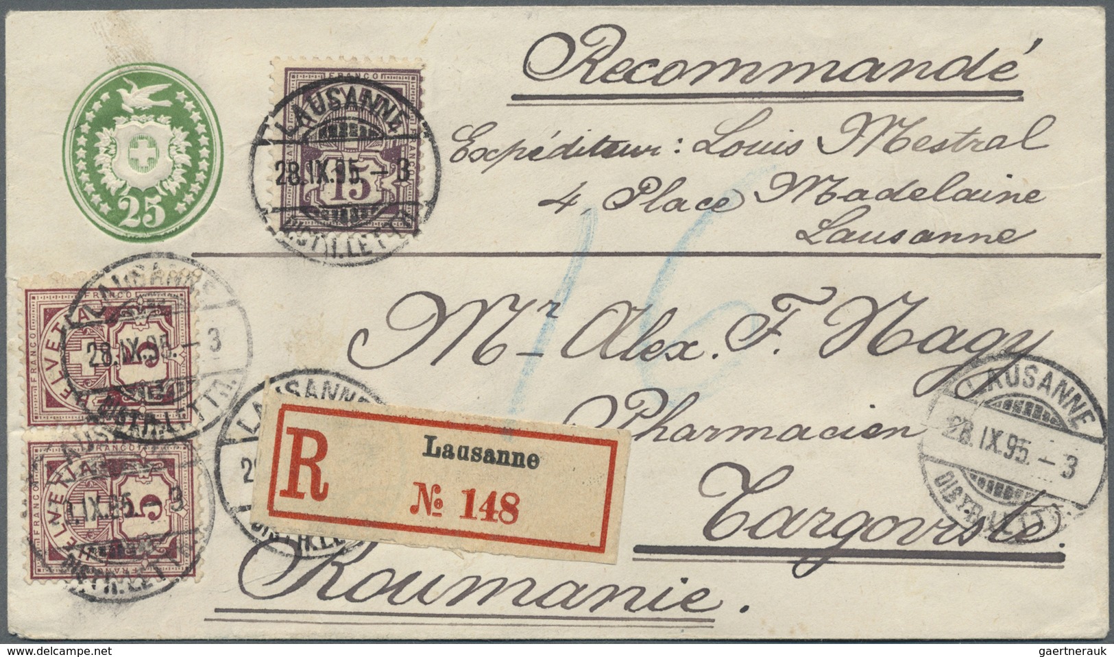 GA Schweiz - Ganzsachen: 1877, GA-Umschlag 25 Rp. Grün Mit WZ 3 Und Zusatzfrankatur 1882 Ziffern 2x 5 R - Entiers Postaux