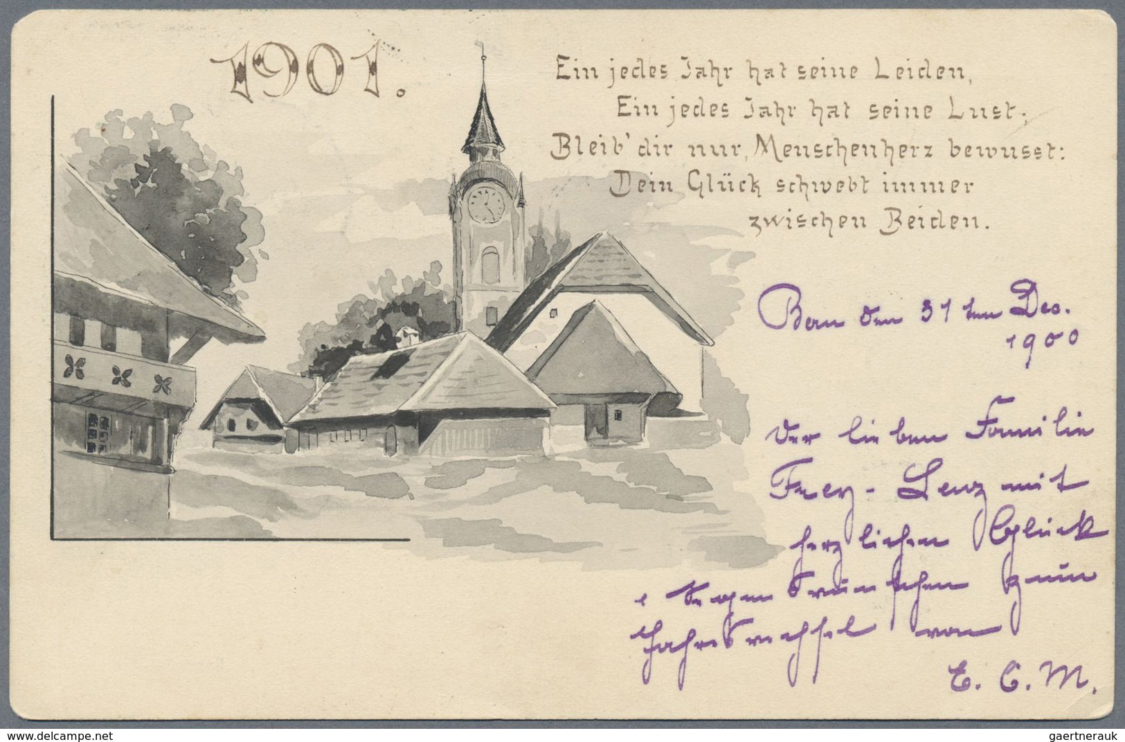 GA Schweiz - Ganzsachen: 1900 UPU-Ganzsachenkarte 5 Rp. Mit Rückseitigem Zudruck (Dorf + Neujahrswünsch - Postwaardestukken