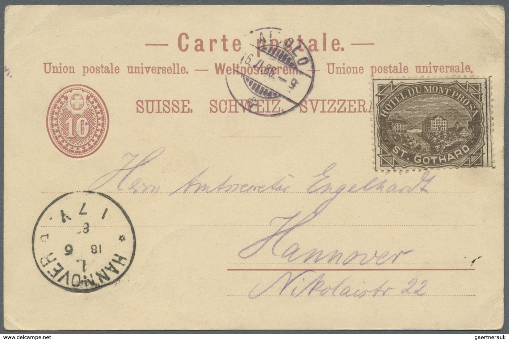 GA Schweiz - Hotelpost: 1888, St.Gotthard/Hotel Du Mont Prosa, Hotelpostmarke In Dunkelolivbraun (etas - Autres & Non Classés