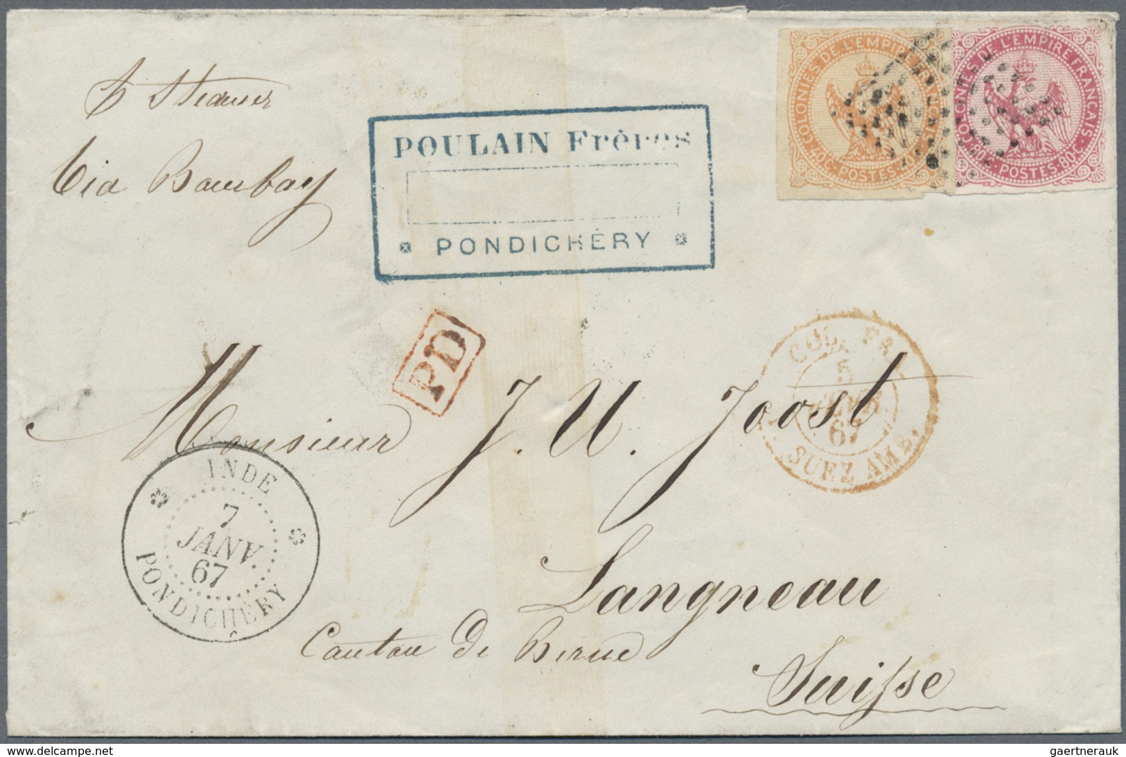 Br Schweiz - Besonderheiten: 1867. Envelope Addressed To Switzerland Bearing French General Colony Yver - Autres & Non Classés