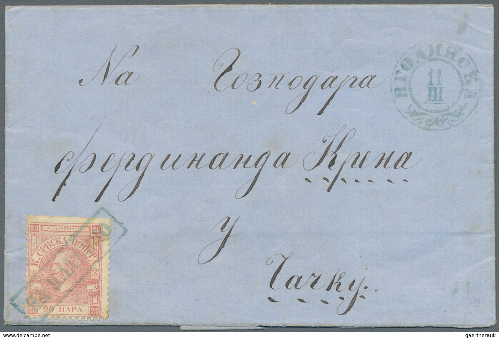 Br Serbien: 1867, Folded Envelope With 20 Para Rose On Normal Paper Tied By Boxed Oneliner And "AGOLINS - Serbie