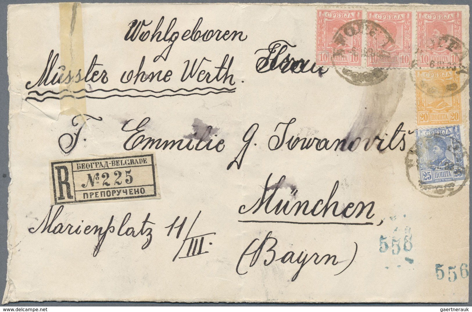 Br Serbien: 1893, Sample Without Value "Muster Ohne Wert" Sent Registered From BELGRADE To Munich. Tear - Serbie