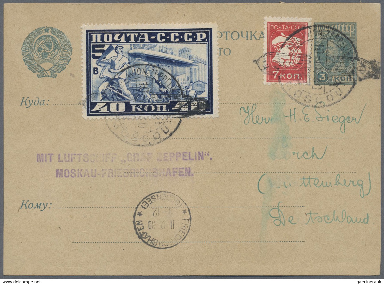 Br Sowjetunion: 1930, Graf Zeppelin Set With 40kop. Blue (perf. 12½) Used On 3kop. Stat. Postcard (+ Ad - Brieven En Documenten