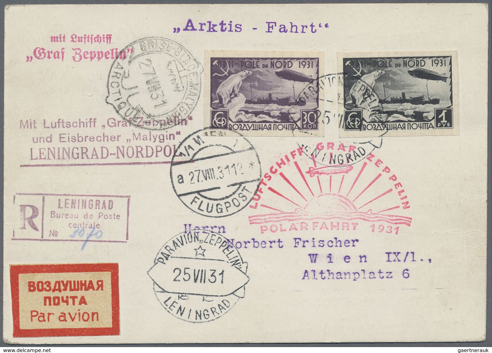 Br Sowjetunion: 1931, Zeppelin (Polar Bear) Complete Imperforate Set On Registered Postcard (30kop. + 1 - Brieven En Documenten