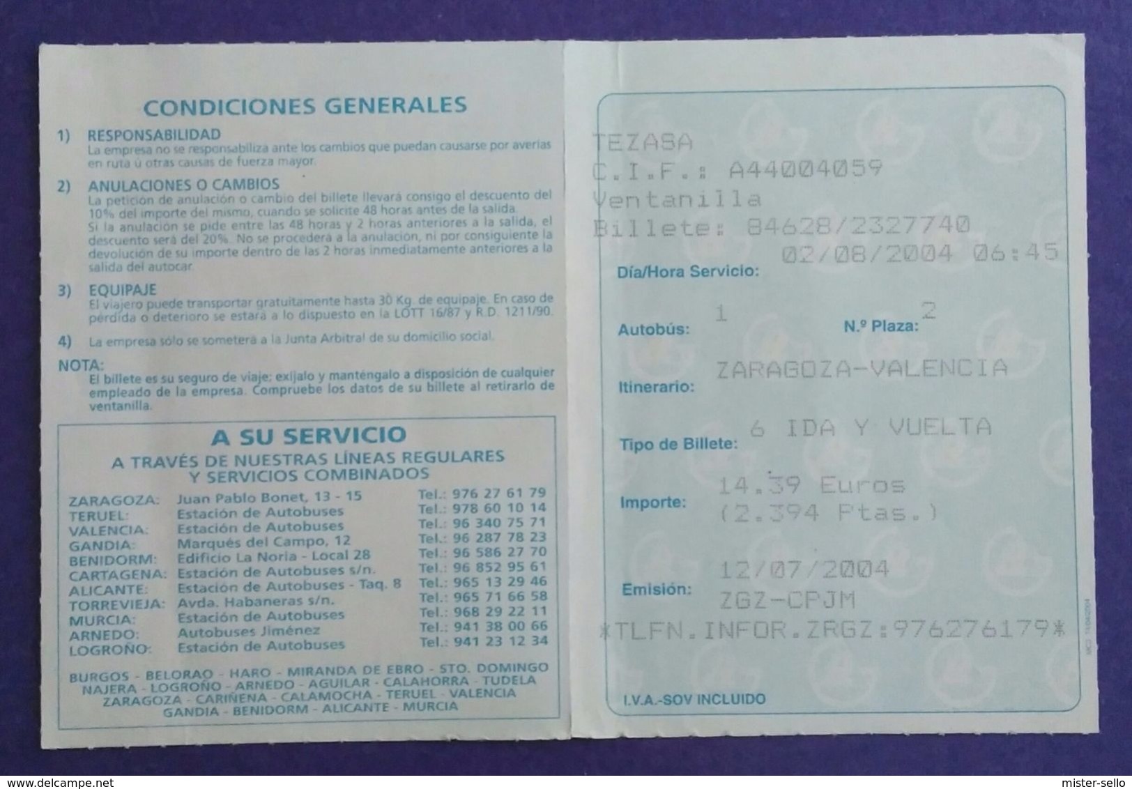 BILLETE ZARAGOZA - VALENCIA. BUS - AUTOBUS - DINÓPOLIS. USADO - USED. - Europe