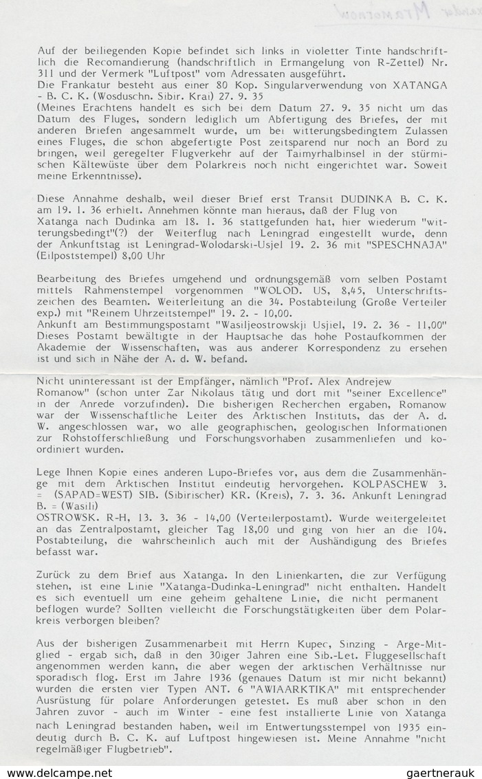 Br Sowjetunion: 1935 (27.09), LUFTPOST von X A T A N G A B. Wegen fehlender R-Zettel handschriftlich re