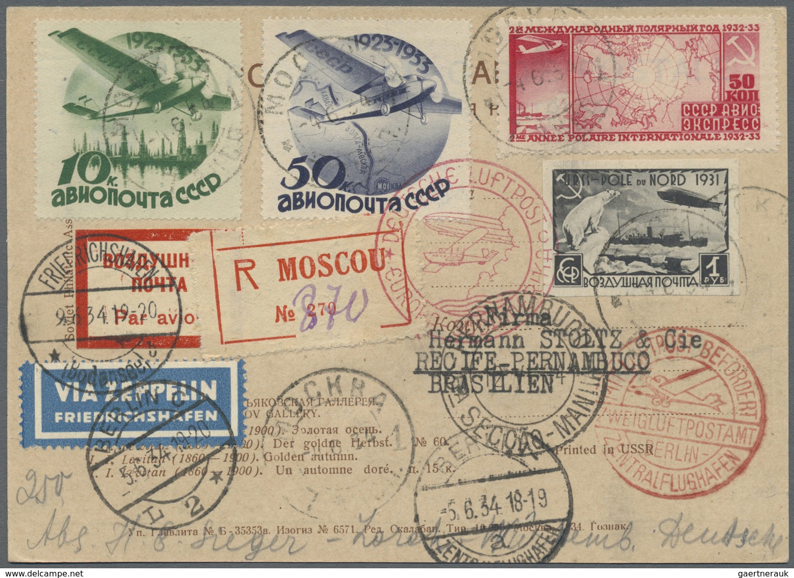 Br Sowjetunion - Besonderheiten: 1934, 2. Südamerikafahrt Bis Recife, R-Karte Mit Guter Frankatur Aus " - Autres & Non Classés
