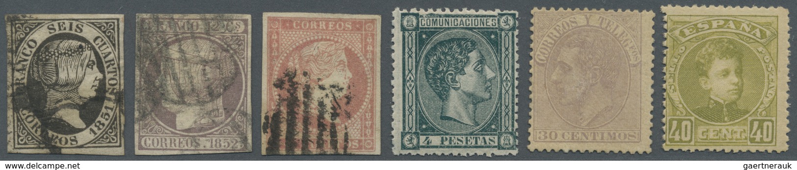 O/* Spanien: 1851-1901: Group Of Six Stamps Including 1852 12c. Lilac Used, 1875 'King Alfons XII.' 4p. - Gebruikt