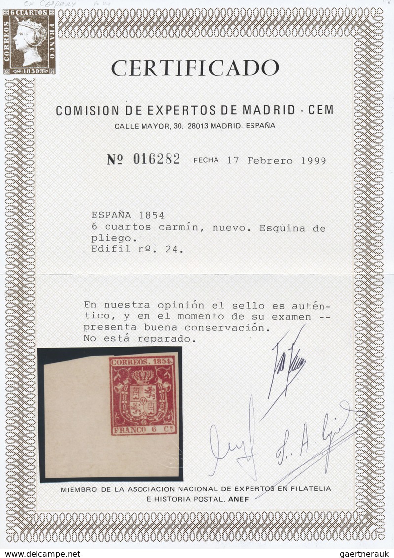 * Spanien: Spain, 1854, 6c Carmine, Strikingly Handsome Bottom Left Corner Sheet-margin Single, With L - Oblitérés