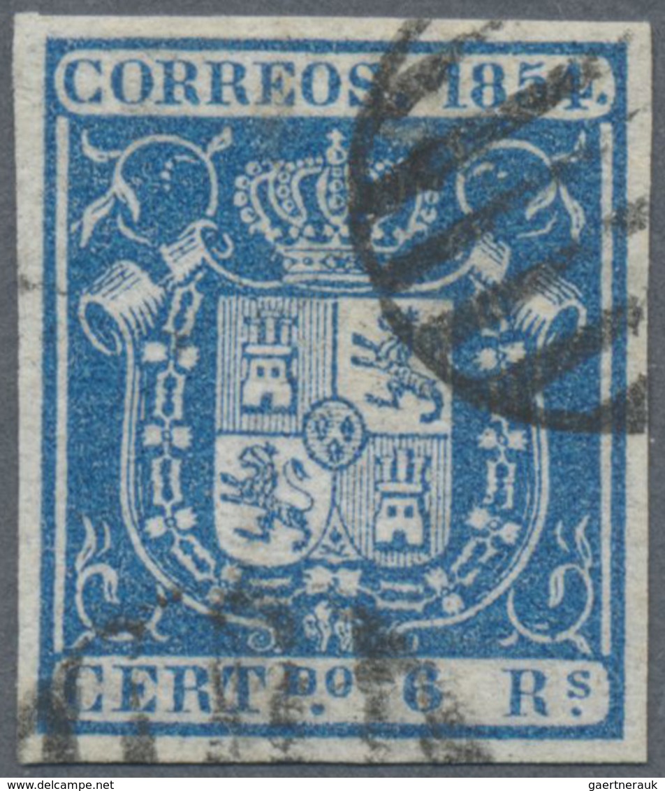 O Spanien: 1854, 1 R. Blue On Bluish Paper, Fresh Colour, Full Margins All Around, Cancelled With Two - Gebruikt