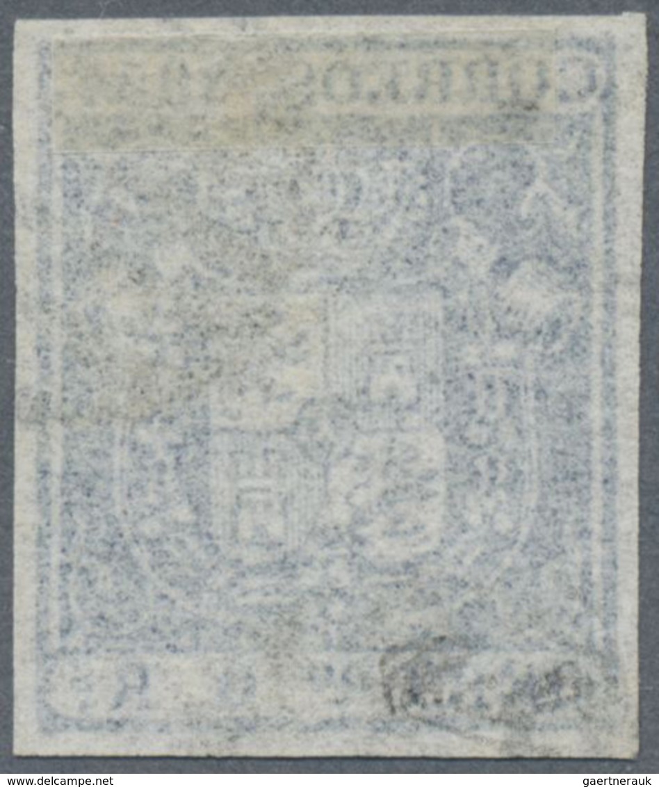 O Spanien: 1854, 1 R. Blue On Bluish Paper, Fresh Colour, Full Margins All Around, Cancelled With Two - Oblitérés