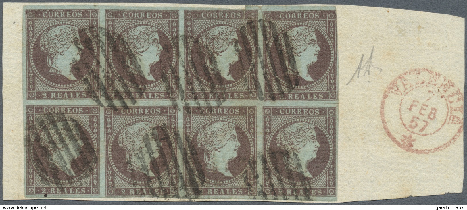 Brfst Spanien: 1855, 2 R Brown-violet Block Of Eight On Piece, Cancelled With Bar Handstamp And Besides Re - Gebruikt