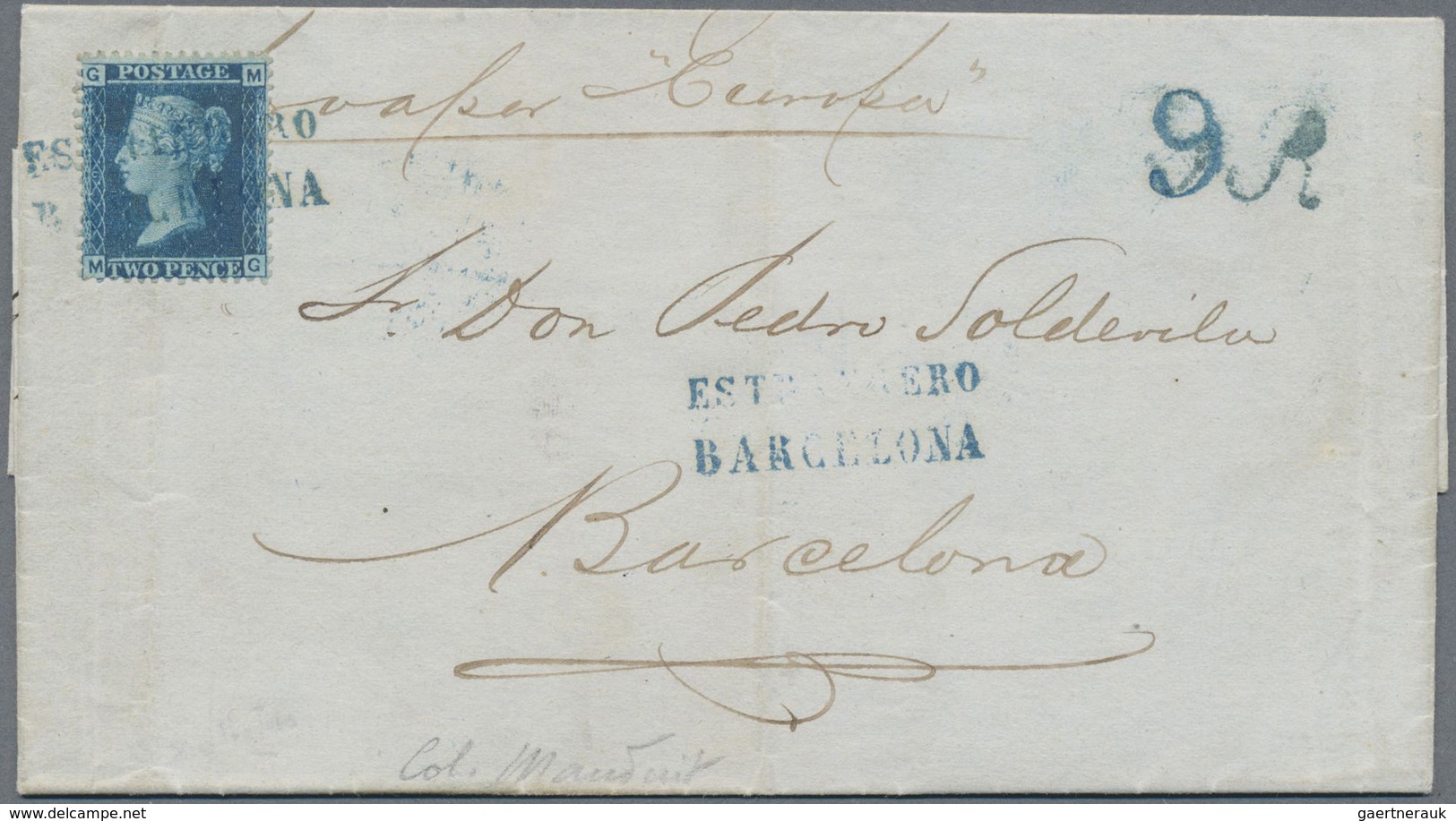 Br Spanien: 1857,"ESTRANGERO BARCELONA" Blue Spanish 2-line Cancel On QV 2 Pence Blue On Complete Entir - Gebruikt