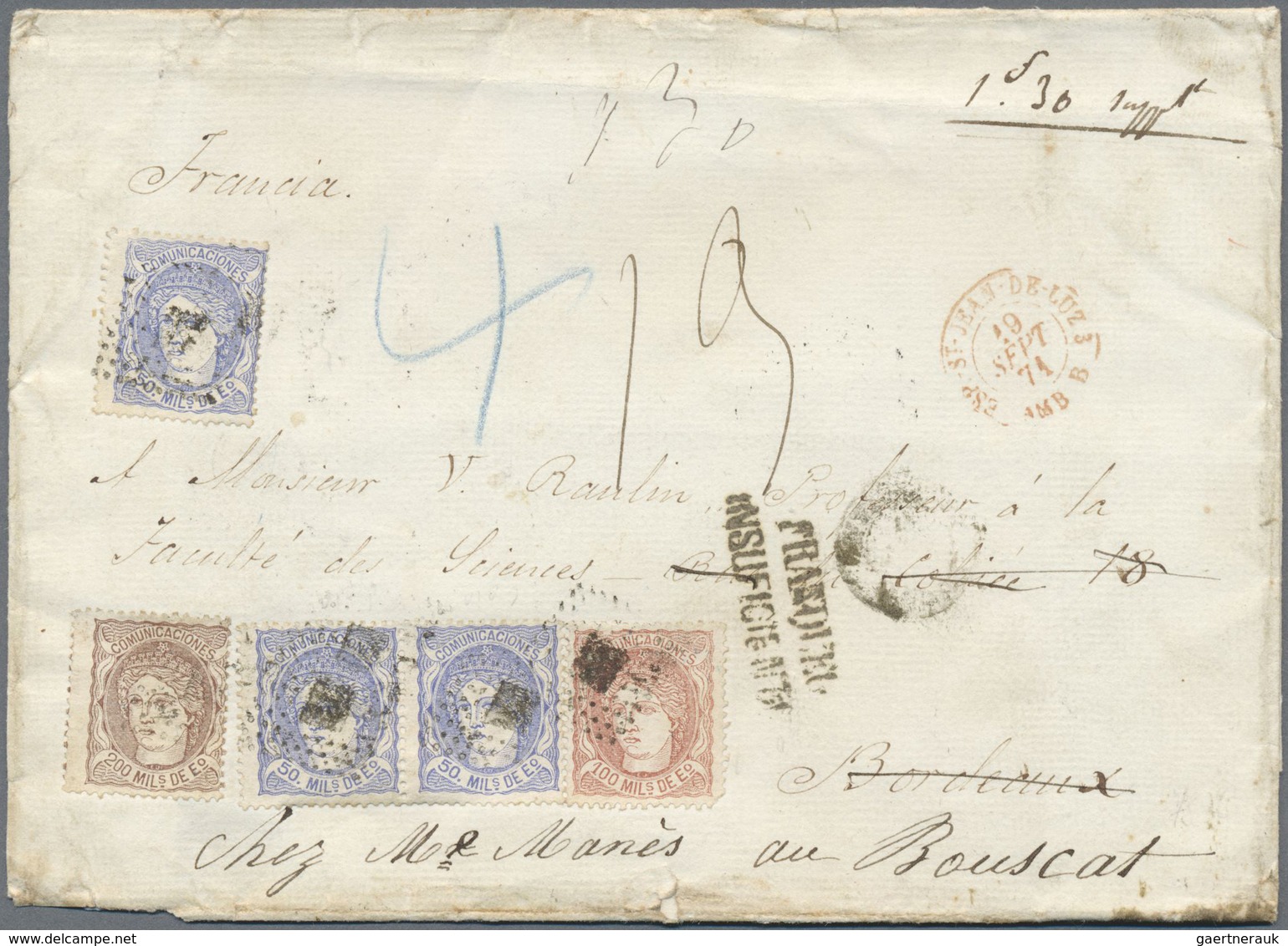 Br Spanien: 1870, Hispania 3x 50 M Blue, 100 M Red-brown (round Corner) And 200 M Brown On Folded Envel - Gebruikt