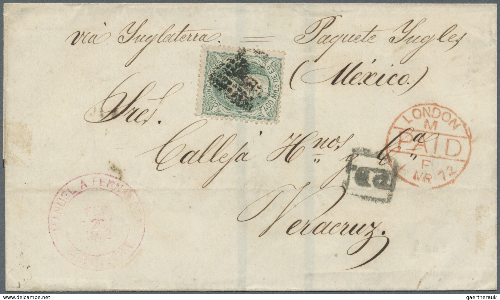 Br Spanien: 1872, 400 M. Green, Single Franking On Mourning Cover From BARCELONA 26.2.72 To Veracruz, E - Gebruikt