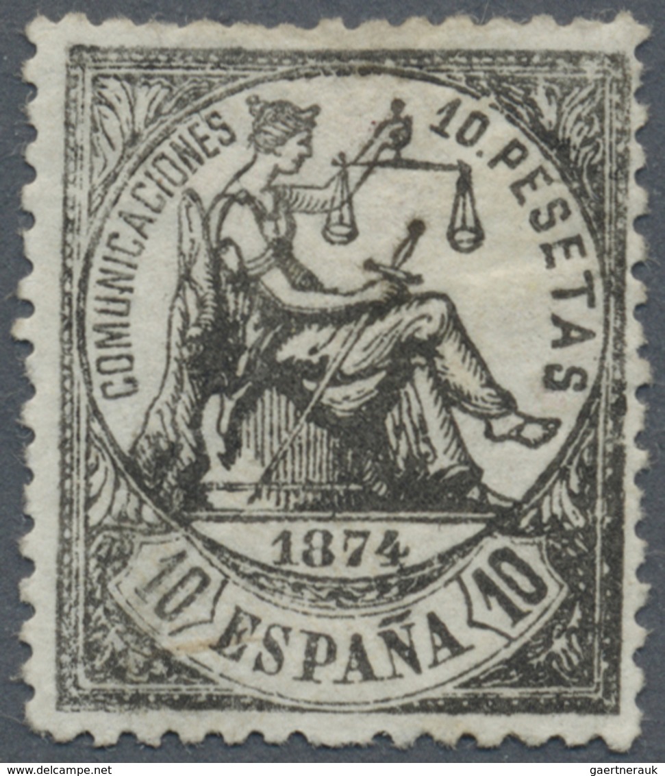 * Spanien: 1874, Allegorie 10pta. Black, Mint Heavy Hinged With Some Uneven Perf. On Top, Very Scarce - Oblitérés