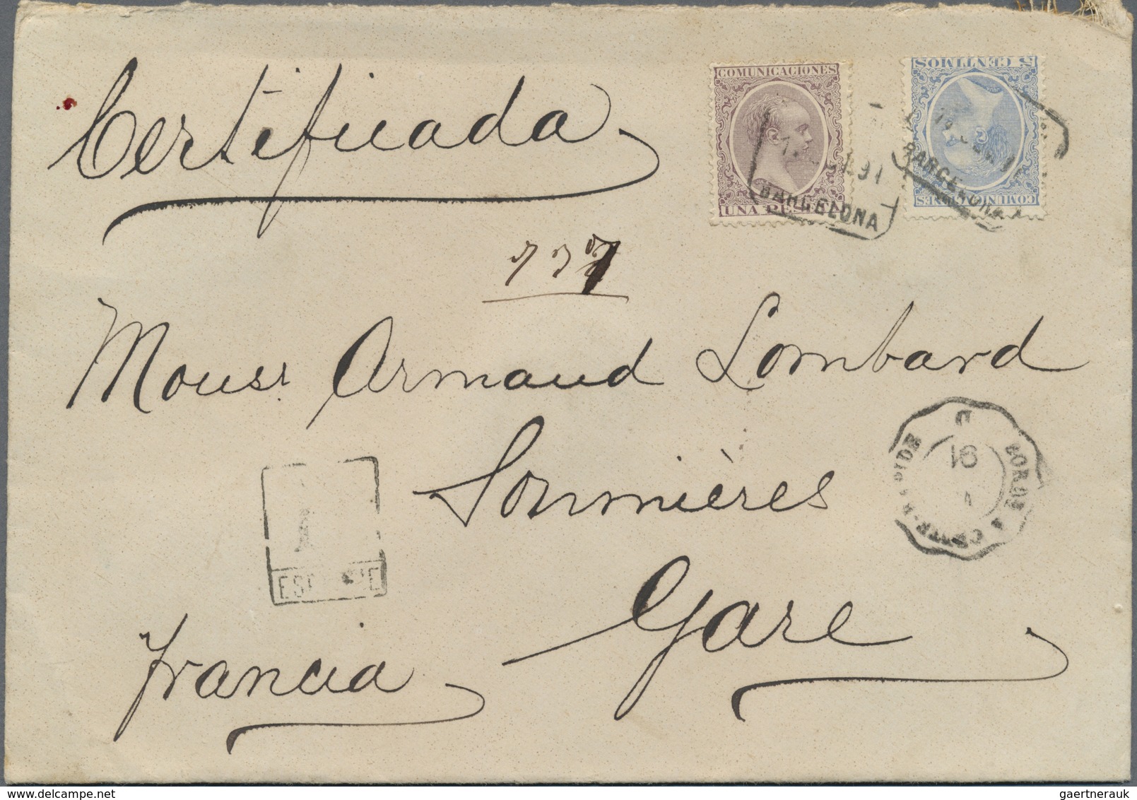 Br Spanien: 1891. Registered Envelope To France Bearing Yvert 198, 5c Blue And Yvert 209, 1 Peseta Viol - Oblitérés