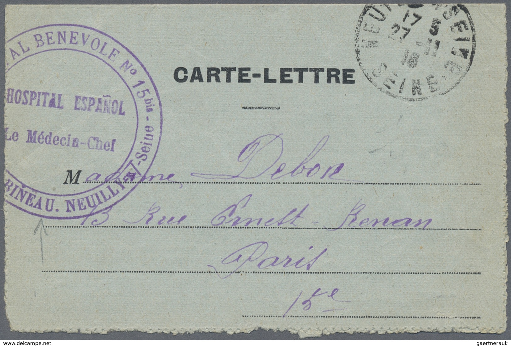 Br Spanien: 1918. Stampless Military Mail Letter-card Written From The Spanish Hospital At Neuilly Addr - Gebruikt