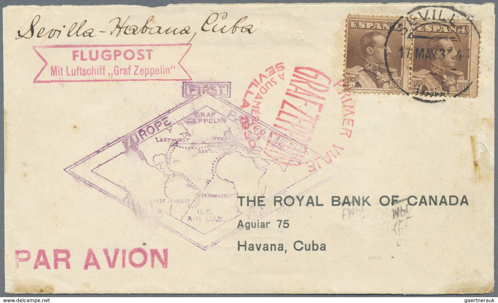 Br Spanien: 1930, 10pts. Brown, Horiz. Pair On Zeppelin Cover "SEVILLA 17 MAY 30" To Cuba, Red Spanish - Oblitérés