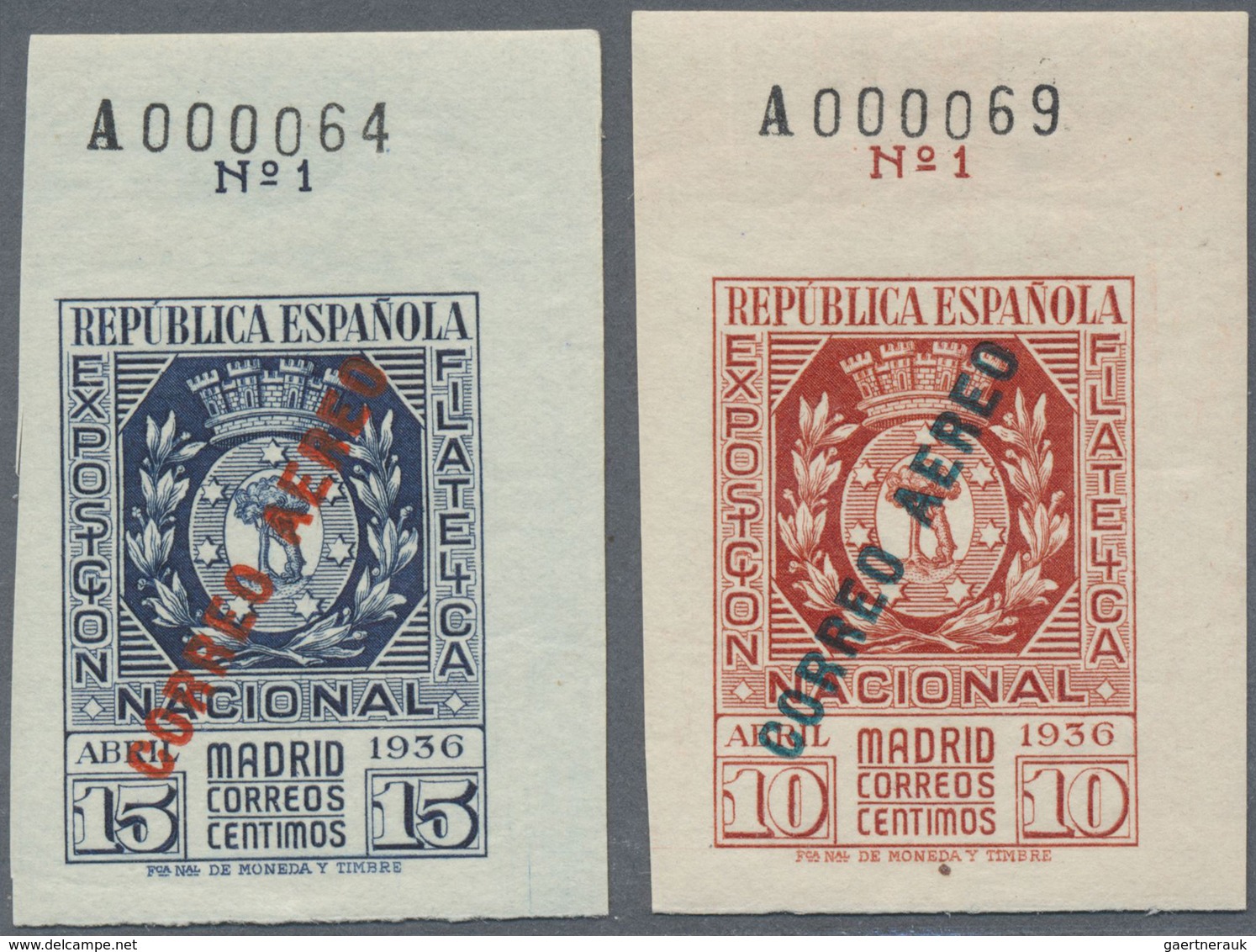 ** Spanien: 1936, Philatelic Exhibition Airmails, 10c. Red And 15c. Blue, Top Marginal Copies With Shee - Oblitérés