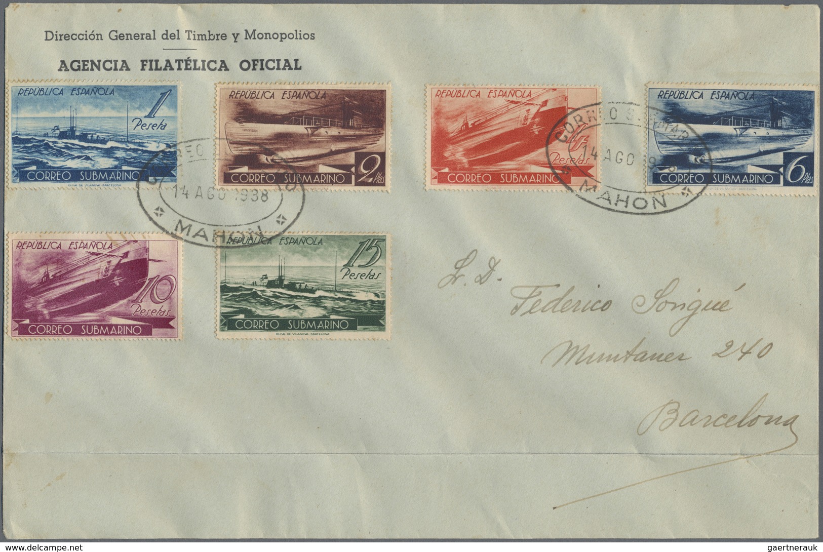 Br Spanien: 1938, Submarine 1-15 Pta. Complete With Special Cancel "CORREO SUBMARINE BARCELONA 14.AGO.1 - Gebruikt