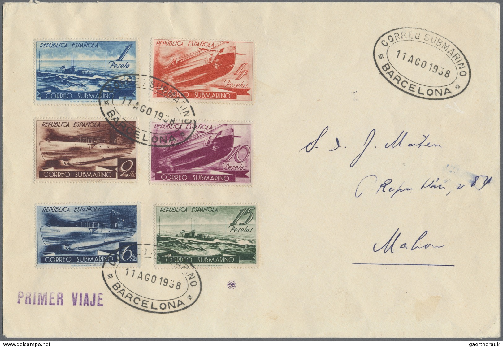 Br Spanien: 1938, Submarine 1-15 Pta. Complete On FDC From "BARCELONA 11.AGO.1938", Fine - Oblitérés