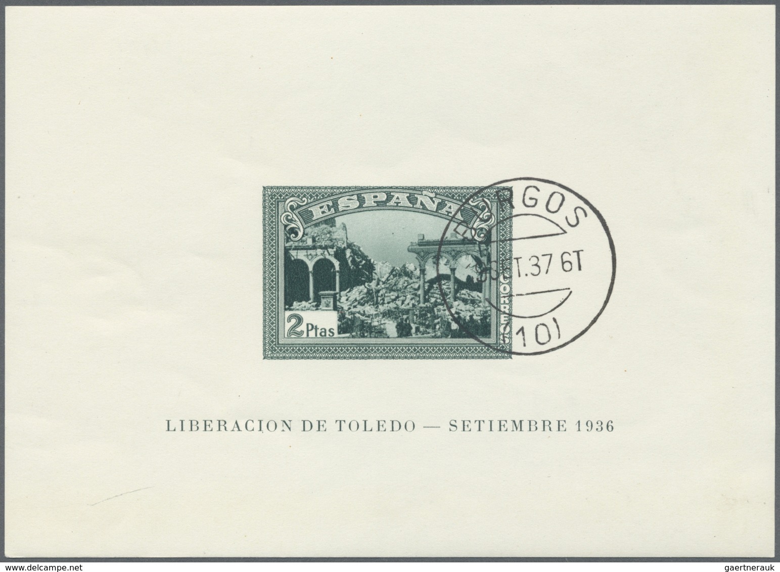 O Spanien: 1937, 2 Ptas Grün "Liberation De Toledo" Einwandfreier UNGEZÄHNTER Block Gestempelt "BURGOS - Gebruikt