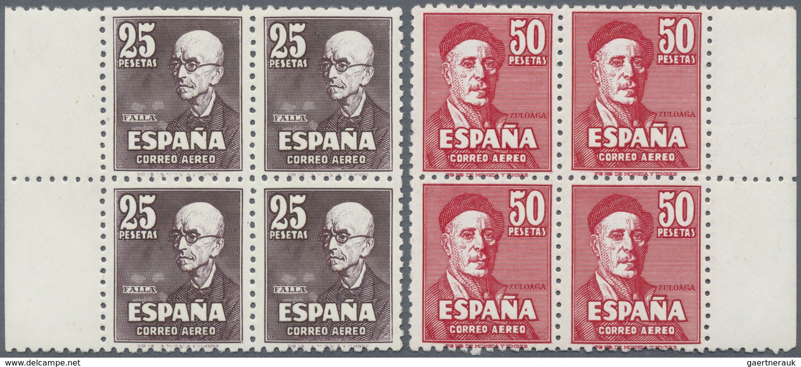 ** Spanien: 1947. Complete Airmail Set 25p Falla And 50p Zuloaga In Margin Blocks Of 4. Mint, NH. (Sc # - Oblitérés