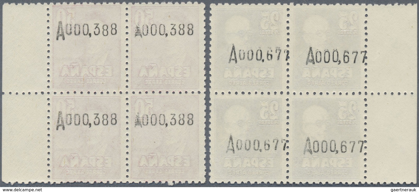 ** Spanien: 1947. Complete Airmail Set 25p Falla And 50p Zuloaga In Margin Blocks Of 4. Mint, NH. (Sc # - Oblitérés