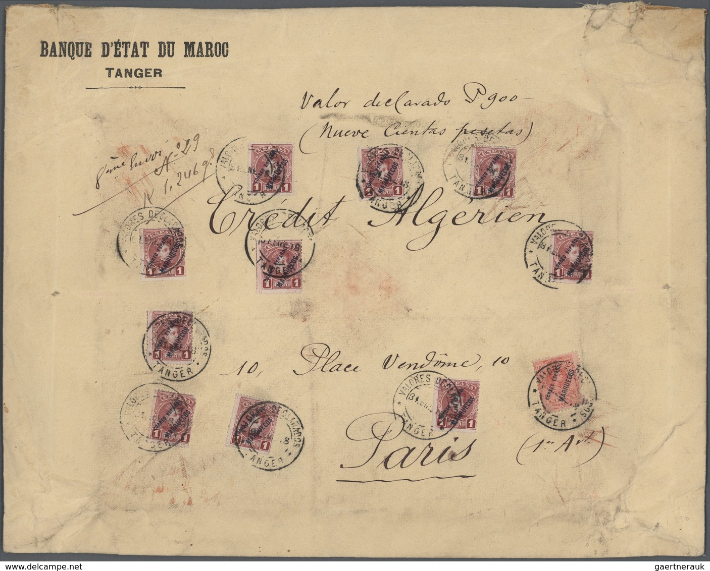 Br Spanische Post In Marokko: 1918, 10 X 1 Pta Lilac And 10 C Red, Mixed Franking On Large Size Value L - Maroc Espagnol