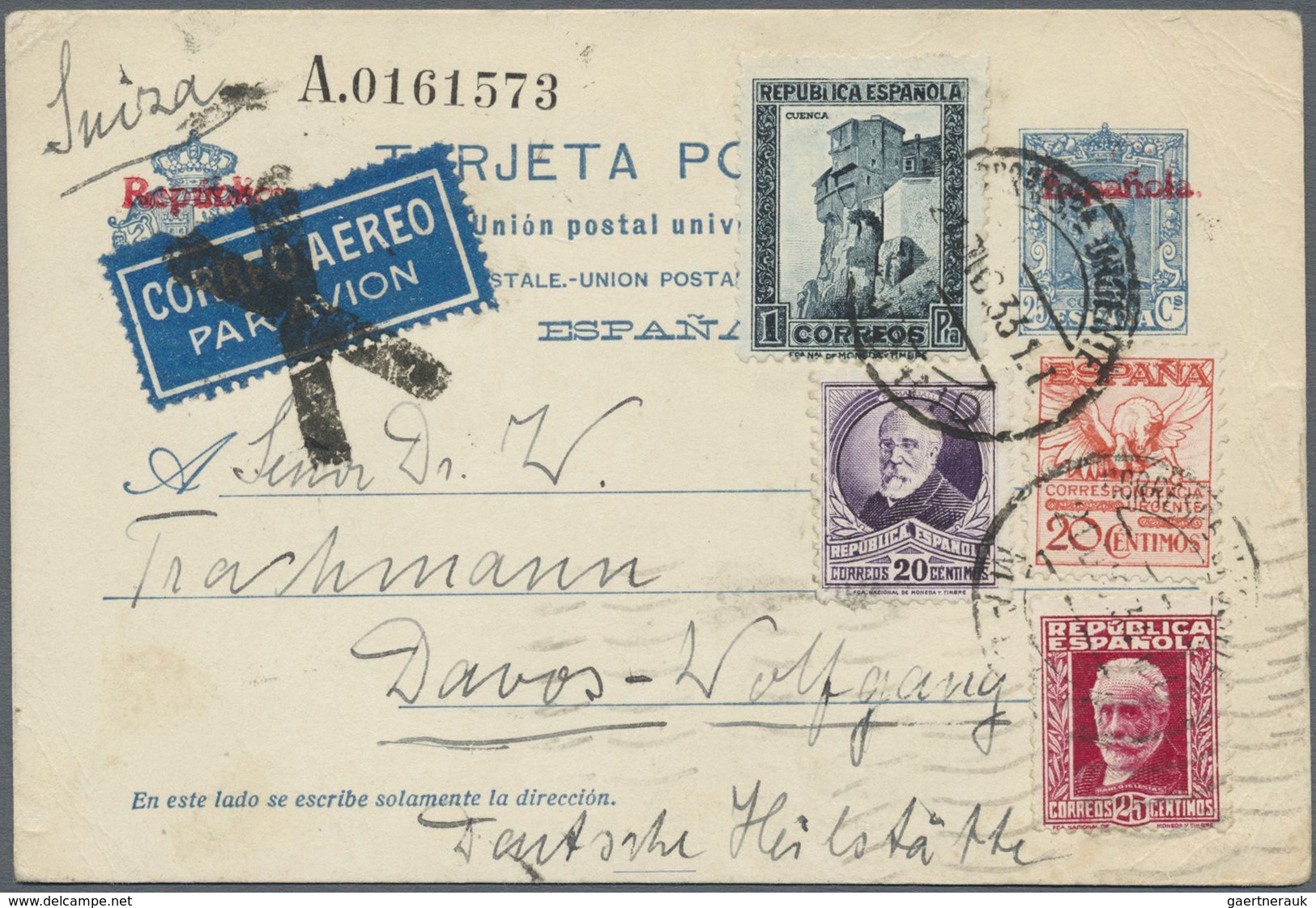 GA Spanien - Ganzsachen: 1931, 25 C. Postal Stationery Card With Red Overprint And Additional Franking - 1850-1931