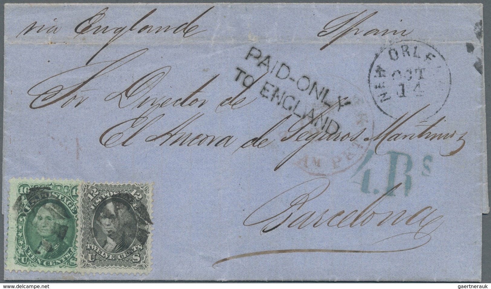 Br Spanien - Besonderheiten: 1866 Brief Aus USA Mit 10 C. Grün Und 12 C. Schwarz (Scott 68,69) Von New - Andere & Zonder Classificatie