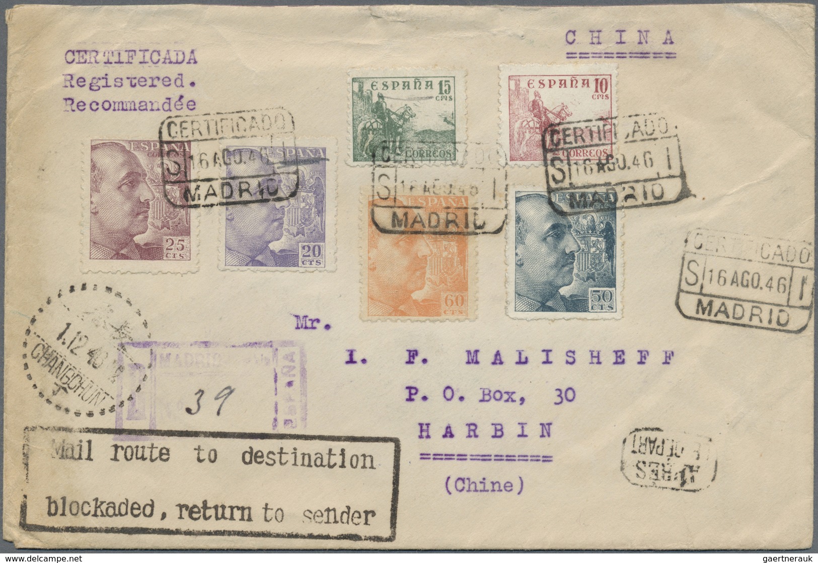 Br Spanien - Besonderheiten: 1946. Registered Envelope Written From Spain Addressed To Harbin, China Be - Andere & Zonder Classificatie