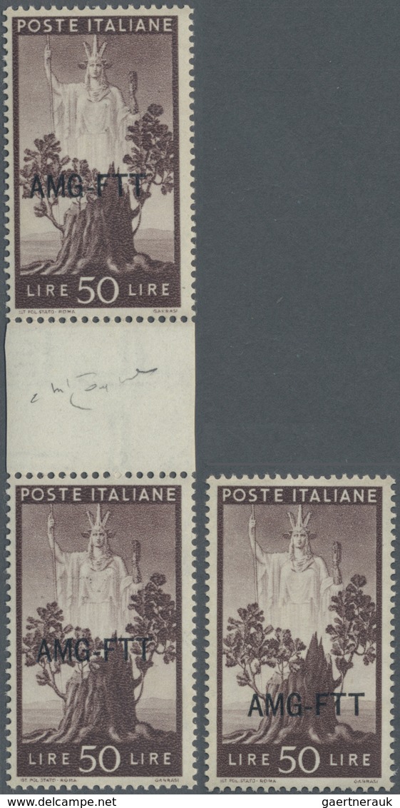 ** Triest - Zone A: 1950, 50l. Brown, Three Copies With Downwards Shifted Overprints: Single Stamp (5 M - Ongebruikt