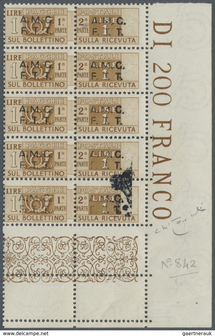 ** Triest - Zone A - Paketmarken: 1947, 1l. Bistre, Marginal Block Of Five From The Lower Right Corner - Postpaketen/concessie