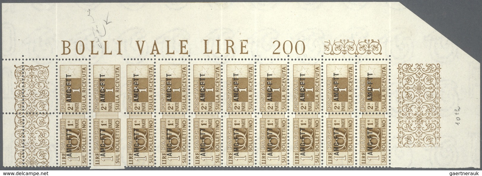 ** Triest - Zone A - Paketmarken: 1950, 1l. Bistre, Marginal Block Of Ten, Two Stamps (2nd Row From Top - Colis Postaux/concession