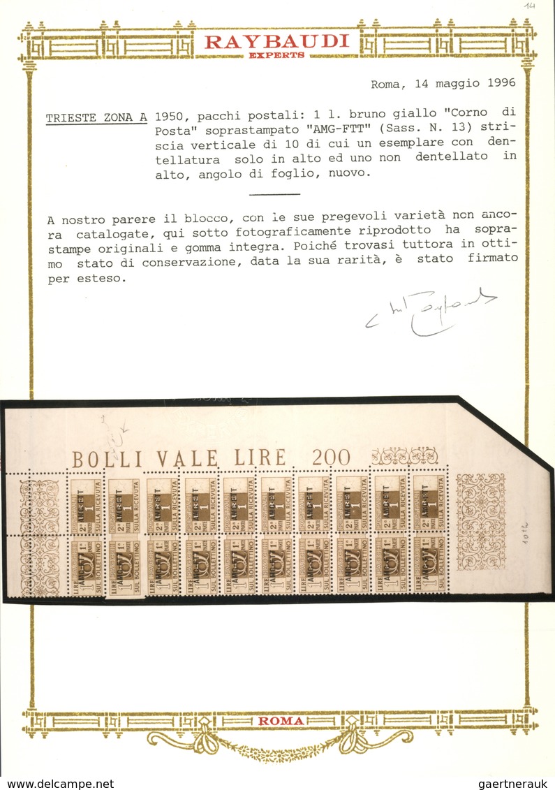 ** Triest - Zone A - Paketmarken: 1950, 1l. Bistre, Marginal Block Of Ten, Two Stamps (2nd Row From Top - Colis Postaux/concession