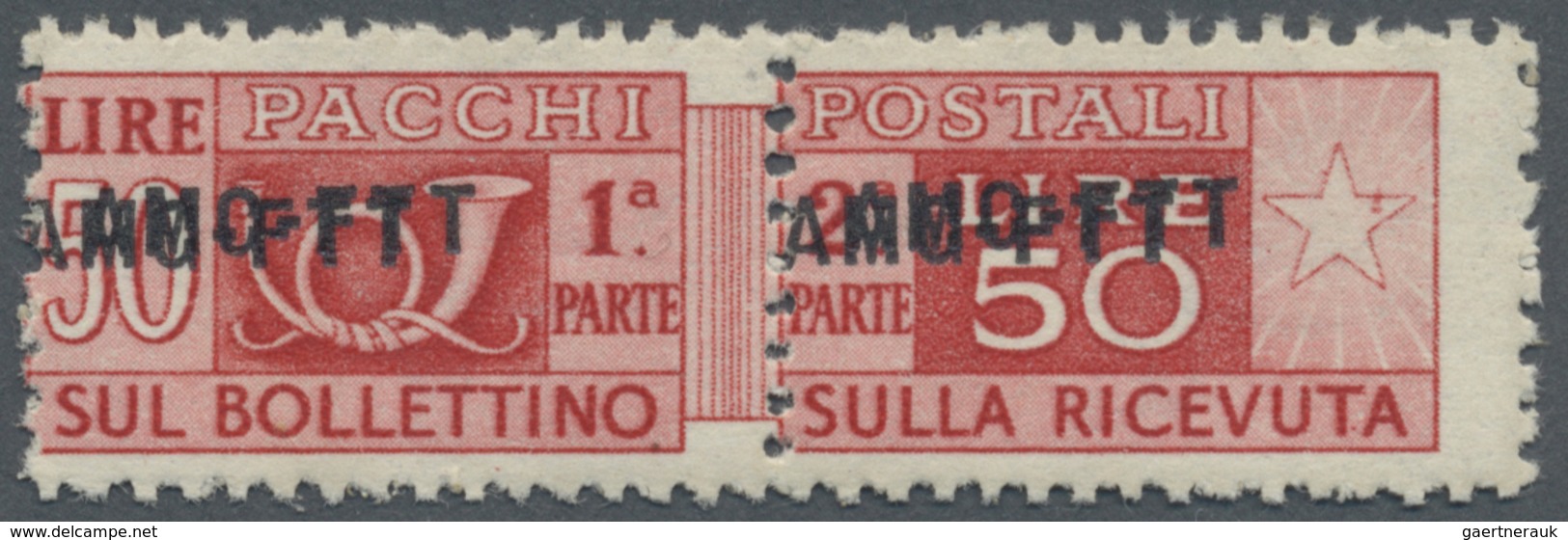 ** Triest - Zone A - Paketmarken: 1950, 50l. Red Showing Variety "double (shifted) Overprint", Unmounte - Colis Postaux/concession