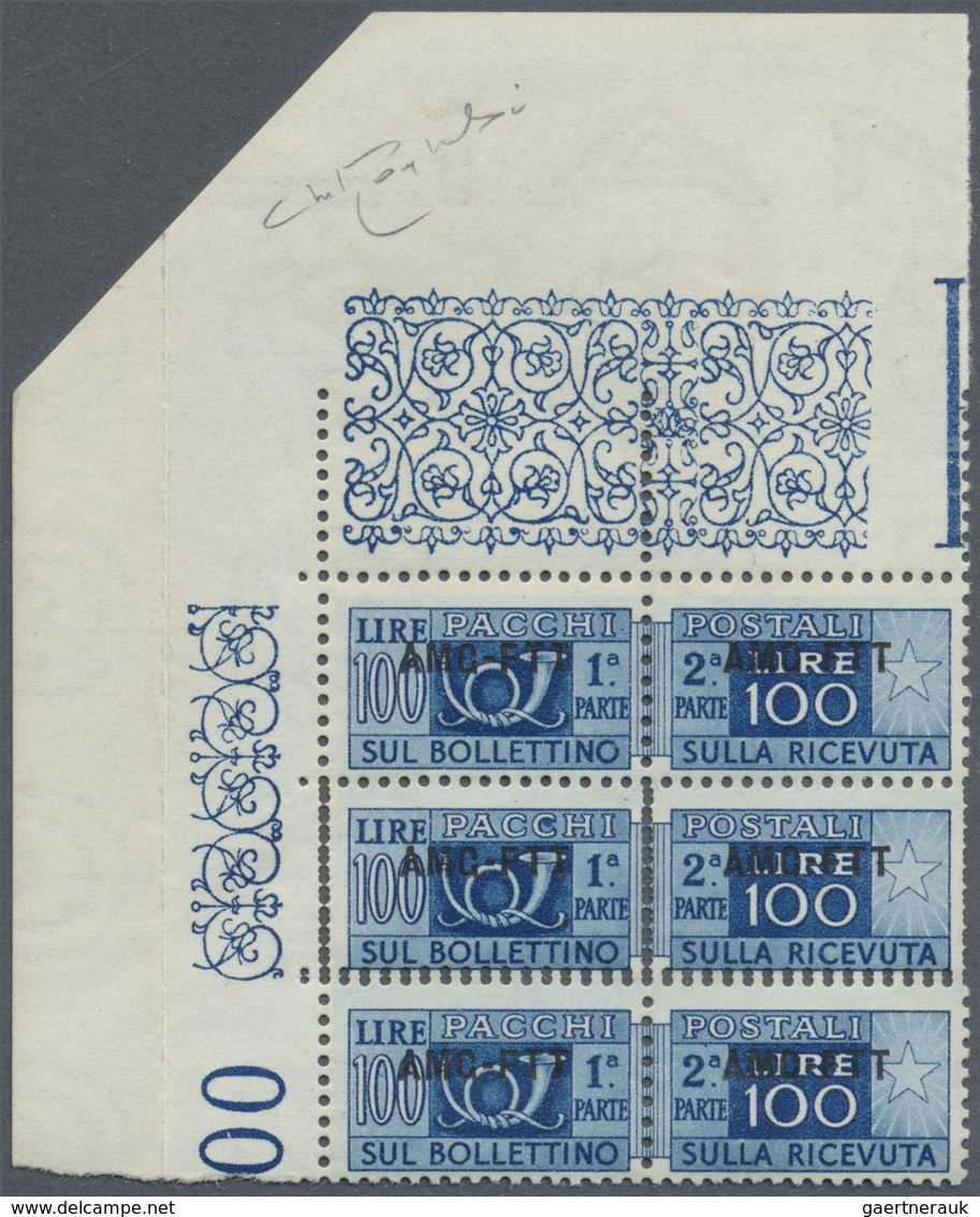 ** Triest - Zone A - Paketmarken: 1950, 100l. Blue, Marginal Block Of Three From The Upper Left Corner - Colis Postaux/concession