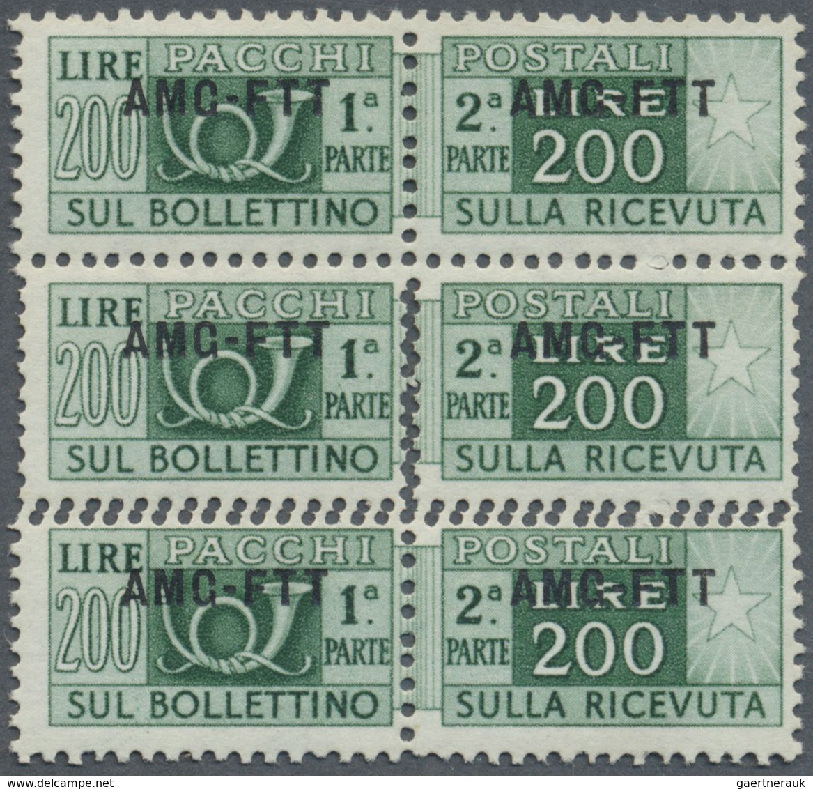 ** Triest - Zone A - Paketmarken: 1949, 200l. Green, Block Of Three, Centre Stamp Showing Variety "doub - Colis Postaux/concession