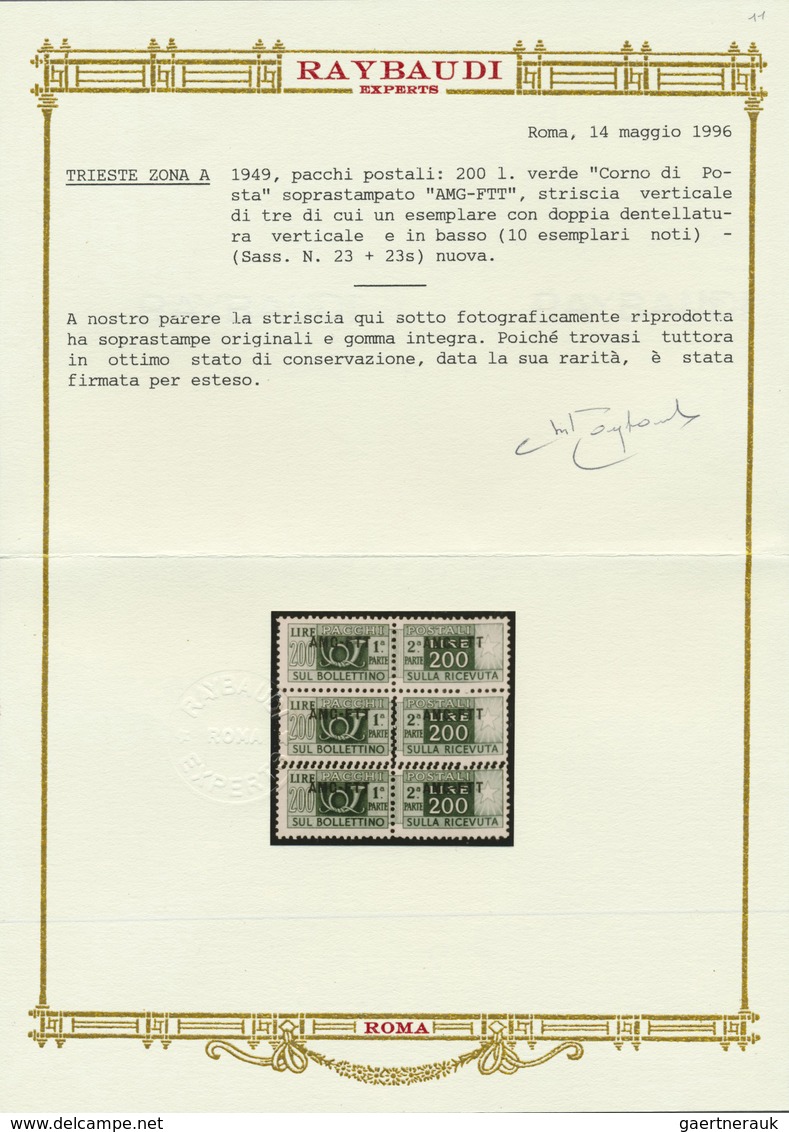 ** Triest - Zone A - Paketmarken: 1949, 200l. Green, Block Of Three, Centre Stamp Showing Variety "doub - Postpaketen/concessie