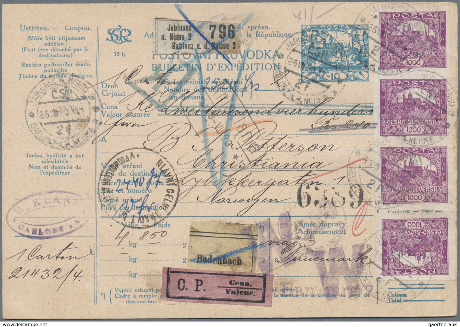 GA Tschechoslowakei: 1920, 4x 1000 H Hradschin Höchstwert Im Senkrechten Dreierstreifen+ Einzelmarke Un - Brieven En Documenten