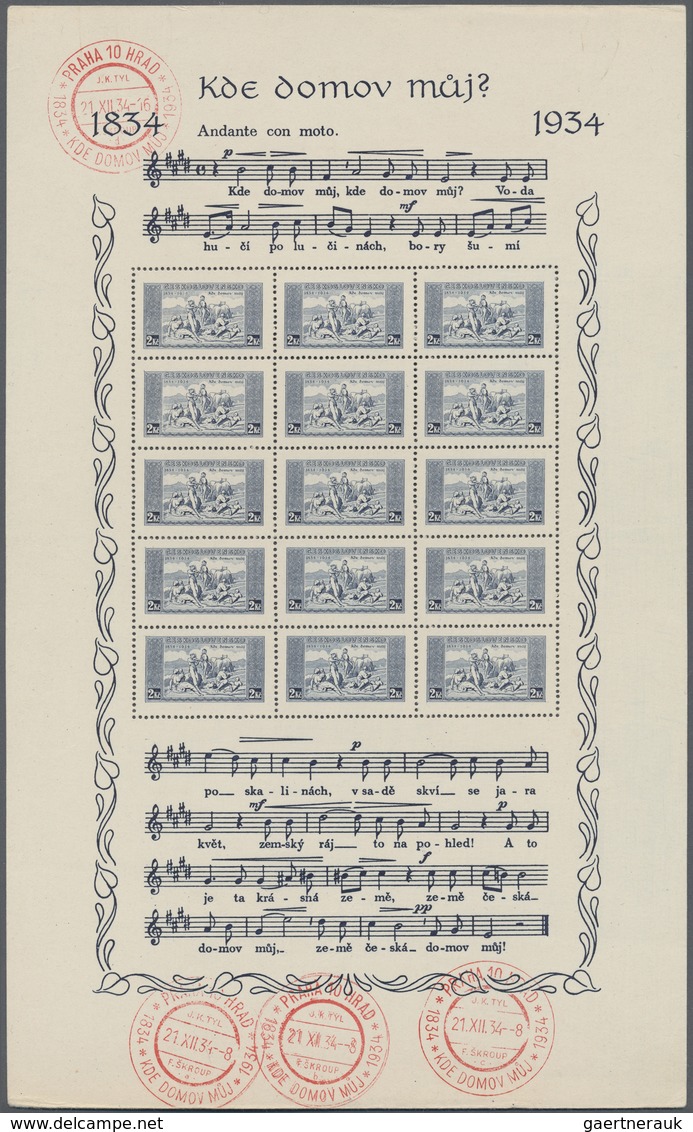 O/(*) Tschechoslowakei: 1934, Hymnen-Schmuckbogen 1 Kr. Braunlila Und 2 Kr. Kobaltblau In Originalmappe Mi - Lettres & Documents