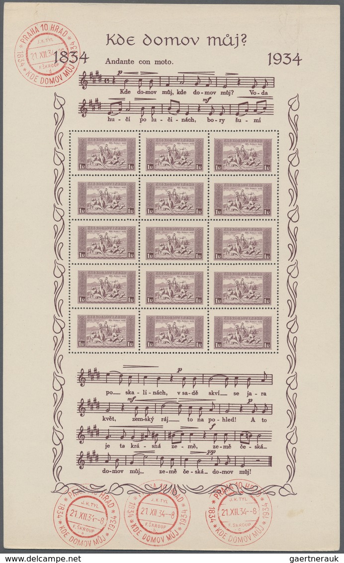 O/(*) Tschechoslowakei: 1934, Hymnen-Schmuckbogen 1 Kr. Braunlila Und 2 Kr. Kobaltblau In Originalmappe Mi - Lettres & Documents