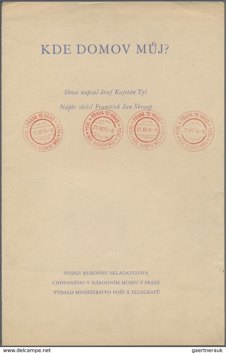 O/(*) Tschechoslowakei: 1934, Hymnen-Schmuckbogen 1 Kr. Braunlila Und 2 Kr. Kobaltblau In Originalmappe Mi - Lettres & Documents