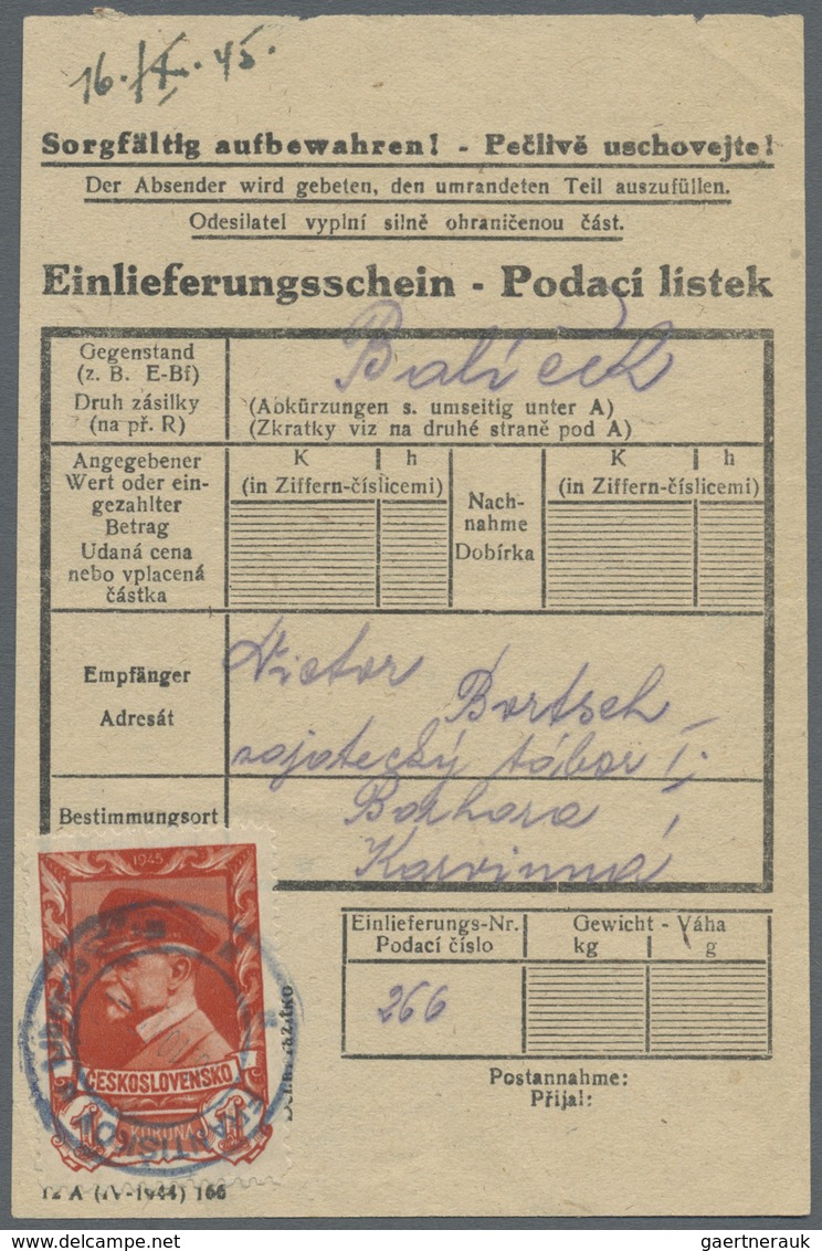 Br Tschechoslowakei: 1945 (16.10.), Masaryk 1 Kr. Karminrot Einzelfrankatur Auf 'Einlieferungsschein/Po - Lettres & Documents