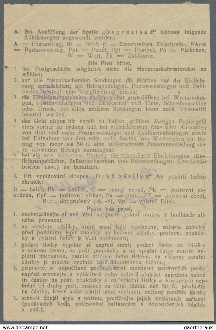 Br Tschechoslowakei: 1945 (16.10.), Masaryk 1 Kr. Karminrot Einzelfrankatur Auf 'Einlieferungsschein/Po - Lettres & Documents