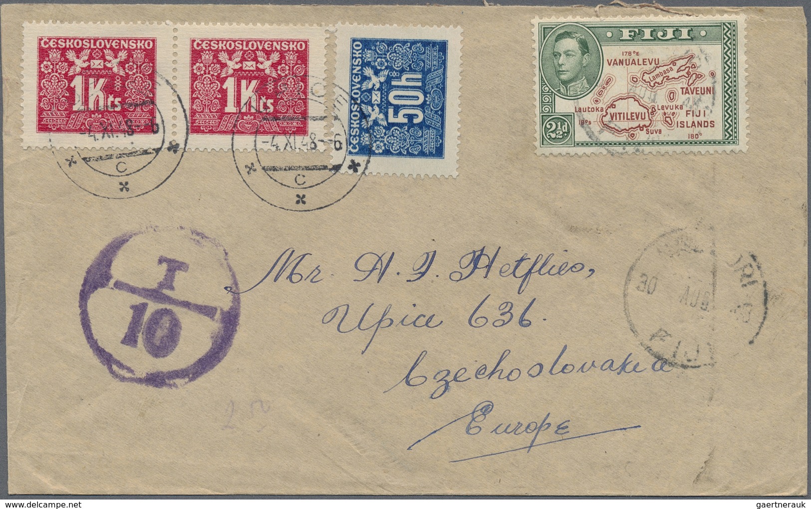 Br Tschechoslowakei - Portomarken: 1948. Envelope Addressed To Czechoslovakia Bearing Fiji SG 2S6, 2½d - Strafport