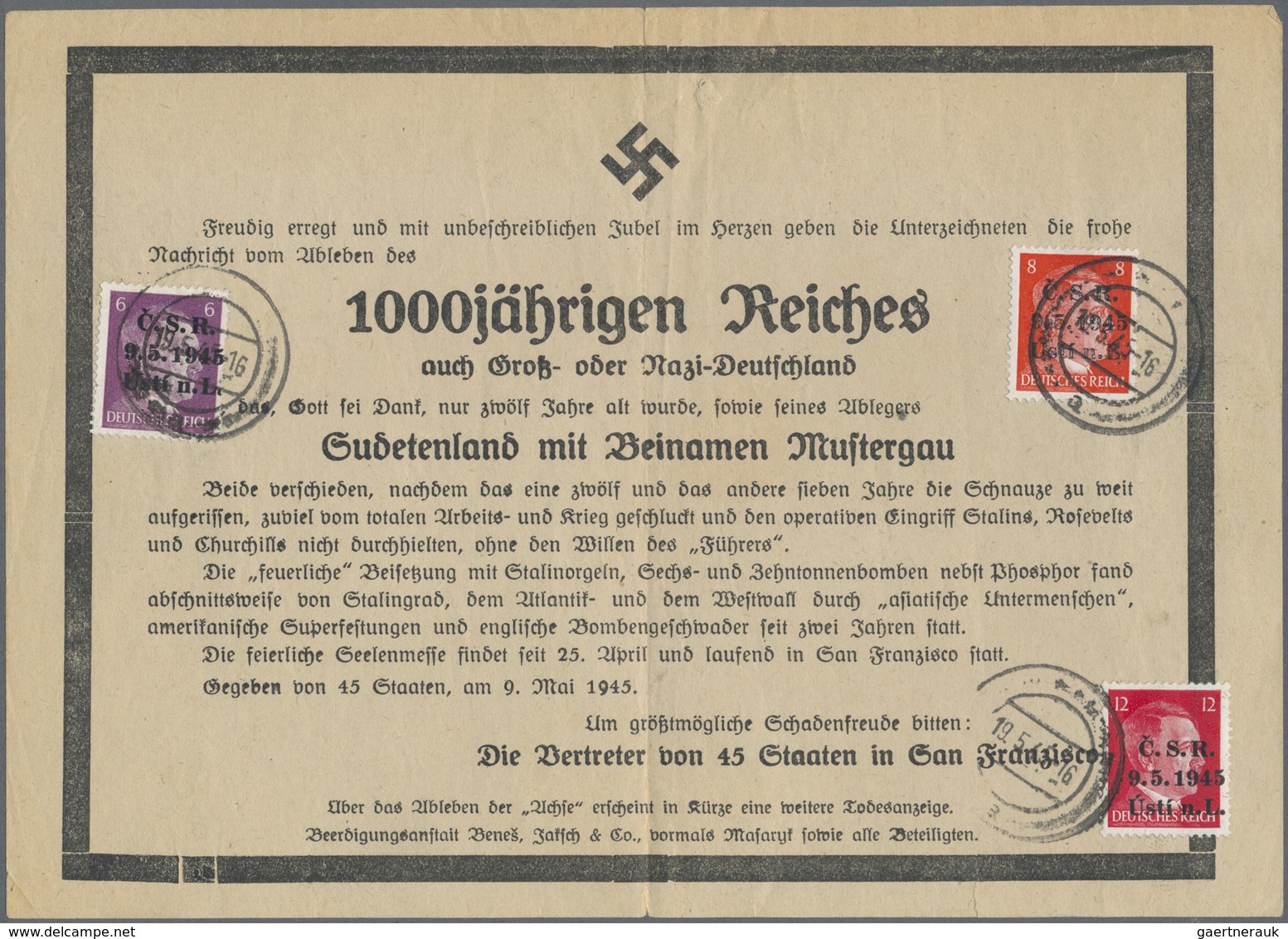 Br Tschechoslowakei - Besonderheiten: 1945, Hitlermarken 6,8 Und 12 Pfg. Mit Aufdruck "C.S.R. 9.5.1945 - Autres & Non Classés
